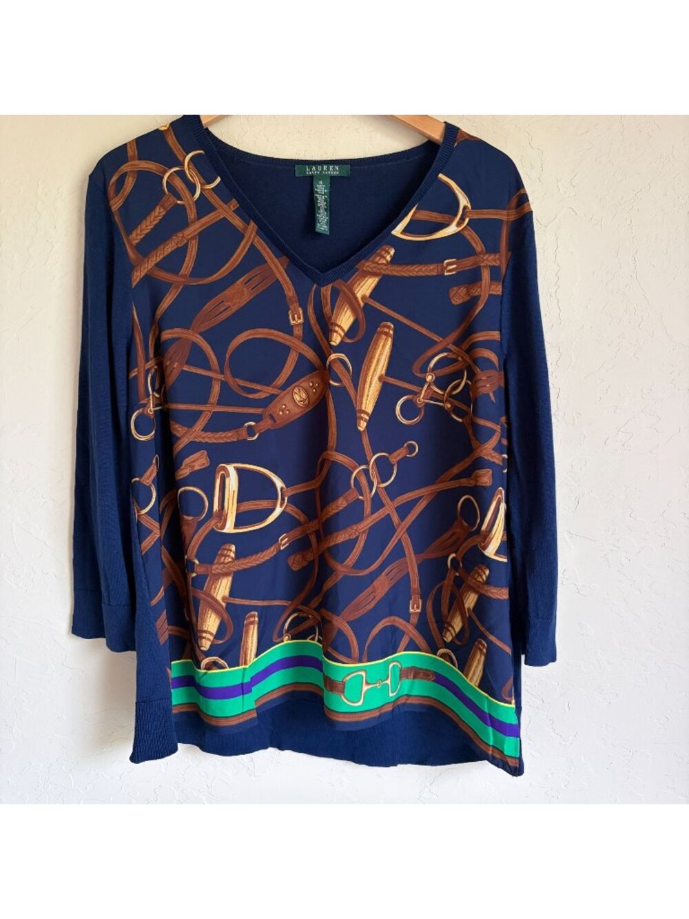 LRL Lauren Ralph Lauren Equestrian Horse Bit Print Silk Cotton Blend XL V-Neck K